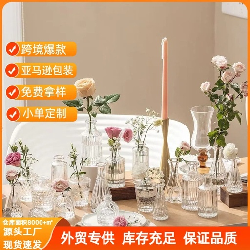 Foreign trade light luxury retro glass vase transparent ins style ornaments flower arrangement medium and high-end small vase set