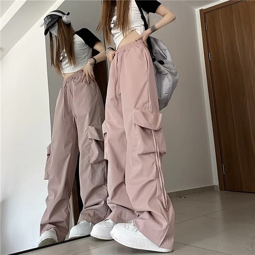 American retro niche work pants for women three-dimensional pockets with high waist straight wide-leg streamers loose casual floor trousers
