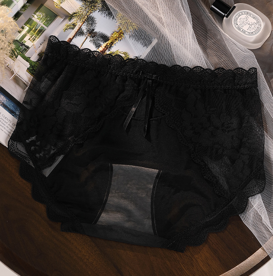 Large size French pure lace underwear for women 200 catties hollow mesh sexy transparent cotton 10A antibacterial briefs