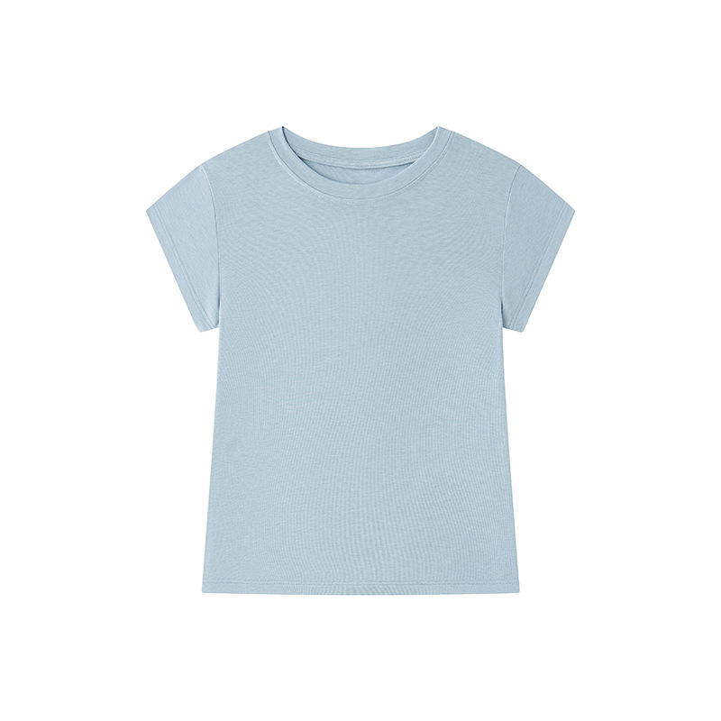 Summer Tiansi wool short-sleeved T-shirt for women's round neck design slim-fitting sleeves 2025 new solid color comfortable top